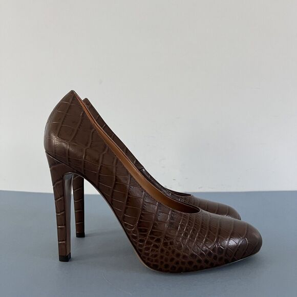 Ralph Lauren Purple Label Darlene Embossed Calfskin Brown Leather Pumps - Picture 3 of 8